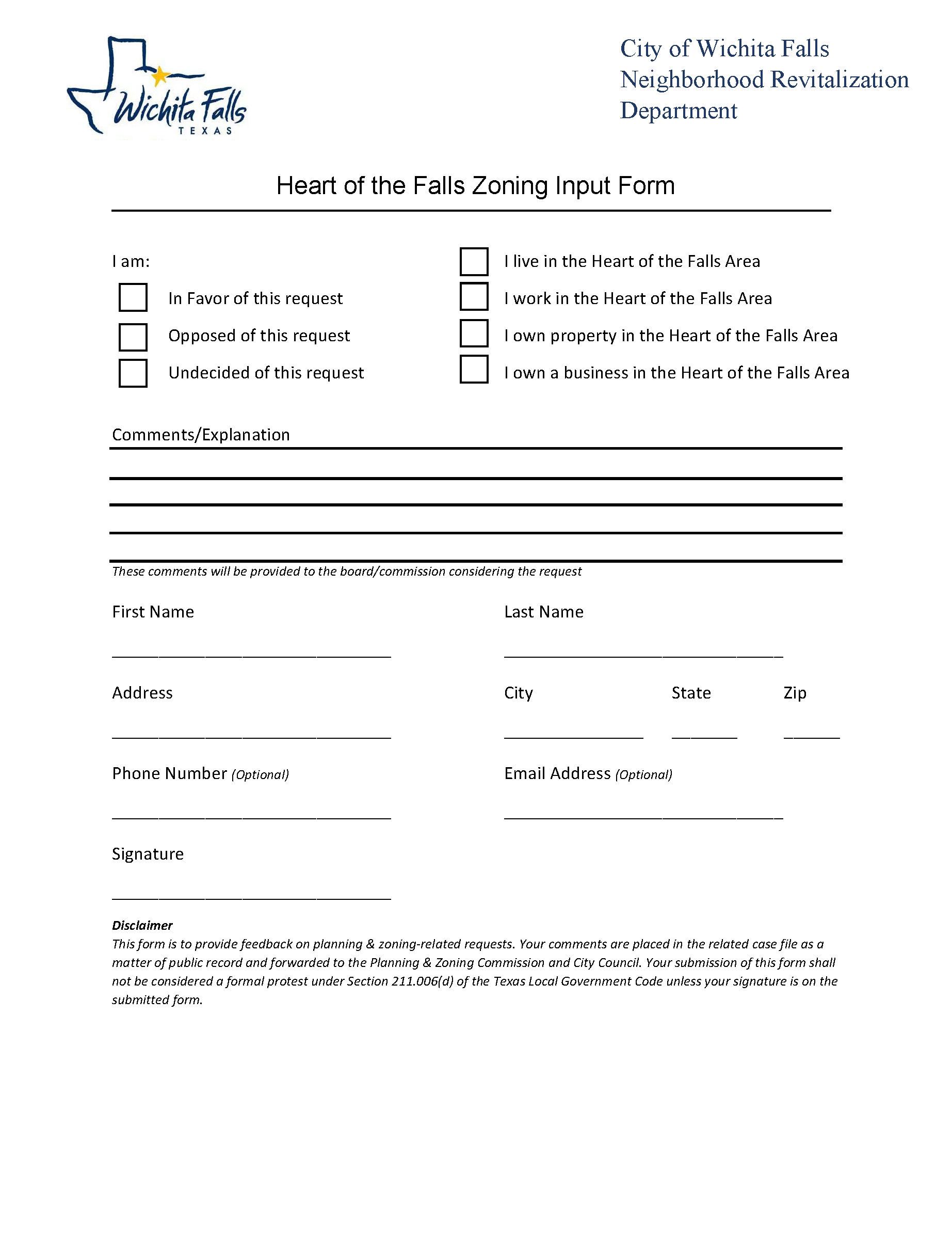 Heart of the Falls Zoning Input Form - Fillable Draft